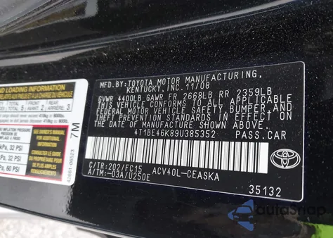 2009 Toyota Camry Se из США, поврежденный, VIN 4T1BE46K89U385352